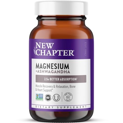 New Chapter Magnesium + Ashwagandha Nahrungsergänzungsmittel, 325 mg mit Magnesiumglycinat für Muskelentspannung & Erholung, Herz-, Nerven- und Knochengesundheit, 2,5-fache Absorption, Nicht-GVO - 60 Kapseln (2 Monate Vorrat)