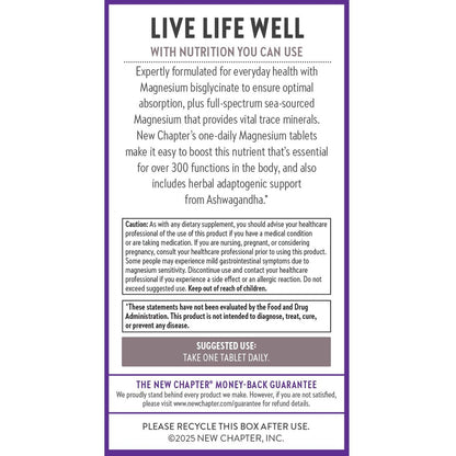 New Chapter Magnesium + Ashwagandha Nahrungsergänzungsmittel, 325 mg mit Magnesiumglycinat für Muskelentspannung & Erholung, Herz-, Nerven- und Knochengesundheit, 2,5-fache Absorption, Nicht-GVO - 60 Kapseln (2 Monate Vorrat)