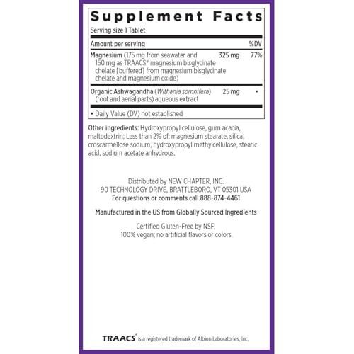 New Chapter Magnesium + Ashwagandha Nahrungsergänzungsmittel, 325 mg mit Magnesiumglycinat für Muskelentspannung & Erholung, Herz-, Nerven- und Knochengesundheit, 2,5-fache Absorption, Nicht-GVO - 60 Kapseln (2 Monate Vorrat)