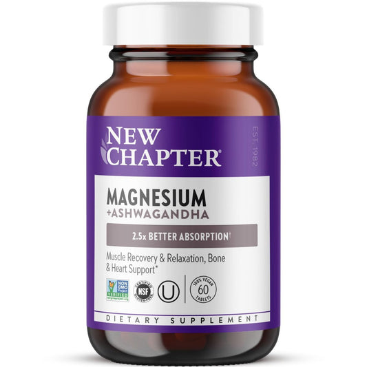 New Chapter Magnesium + Ashwagandha Nahrungsergänzungsmittel, 325 mg mit Magnesiumglycinat für Muskelentspannung & Erholung, Herz-, Nerven- und Knochengesundheit, 2,5-fache Absorption, Nicht-GVO - 60 Kapseln (2 Monate Vorrat)