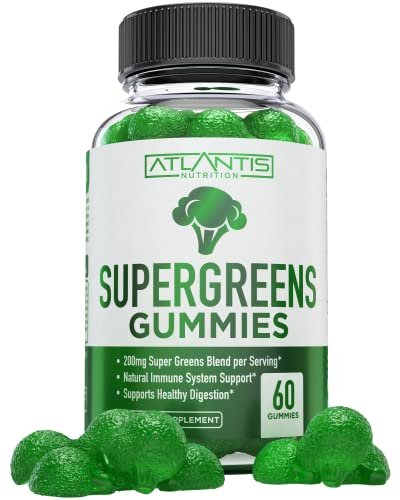 Atlantis Nutrition Supergreens Gummies - Tägliches grünes Superfood-Präparat mit Spinat, Brokkoli, Moringa, Rote Bete, Sellerie, grünem Tee und Acai zur Unterstützung des Immunsystems - Natürlicher Himbeergeschmack, 60 Stück