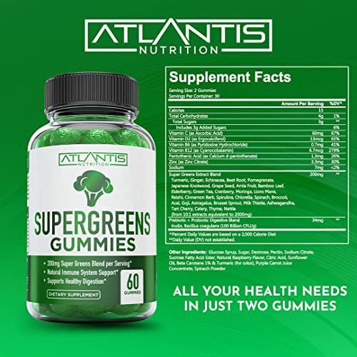 Atlantis Nutrition Supergreens Gummies - Tägliches grünes Superfood-Präparat mit Spinat, Brokkoli, Moringa, Rote Bete, Sellerie, grünem Tee und Acai zur Unterstützung des Immunsystems - Natürlicher Himbeergeschmack, 60 Stück