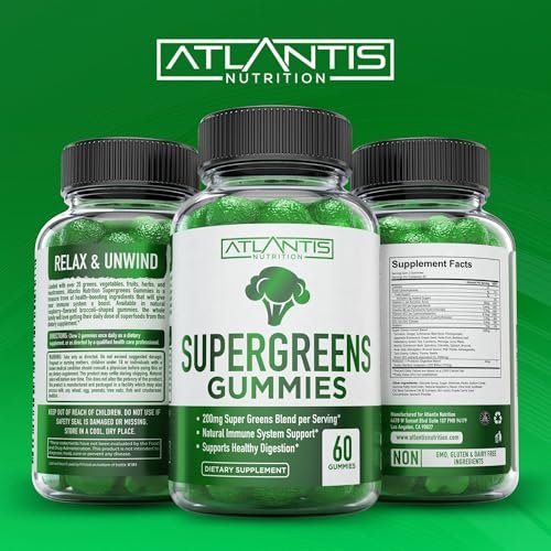 Atlantis Nutrition Supergreens Gummies - Tägliches grünes Superfood-Präparat mit Spinat, Brokkoli, Moringa, Rote Bete, Sellerie, grünem Tee und Acai zur Unterstützung des Immunsystems - Natürlicher Himbeergeschmack, 60 Stück