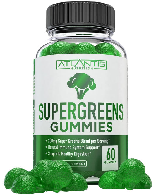 Atlantis Nutrition Supergreens Gummies - Tägliches grünes Superfood-Präparat mit Spinat, Brokkoli, Moringa, Rote Bete, Sellerie, grünem Tee und Acai zur Unterstützung des Immunsystems - Natürlicher Himbeergeschmack, 60 Stück
