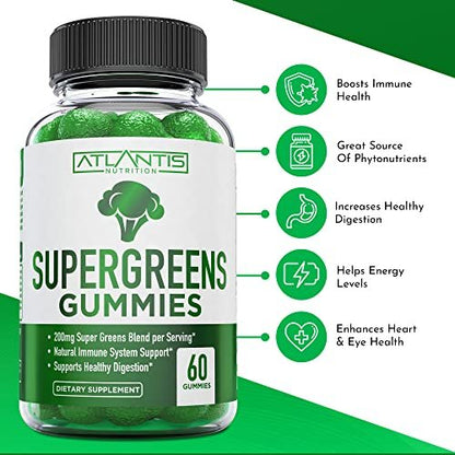 Atlantis Nutrition Supergreens Gummies - Tägliches grünes Superfood-Präparat mit Spinat, Brokkoli, Moringa, Rote Bete, Sellerie, grünem Tee und Acai zur Unterstützung des Immunsystems - Natürlicher Himbeergeschmack, 60 Stück