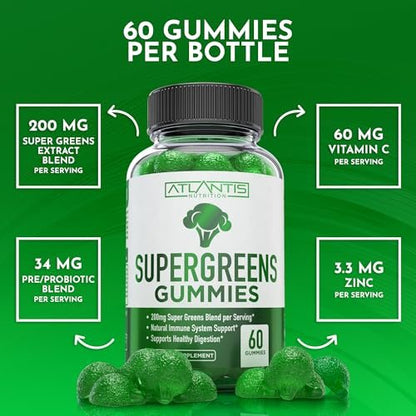 Atlantis Nutrition Supergreens Gummies - Tägliches grünes Superfood-Präparat mit Spinat, Brokkoli, Moringa, Rote Bete, Sellerie, grünem Tee und Acai zur Unterstützung des Immunsystems - Natürlicher Himbeergeschmack, 60 Stück