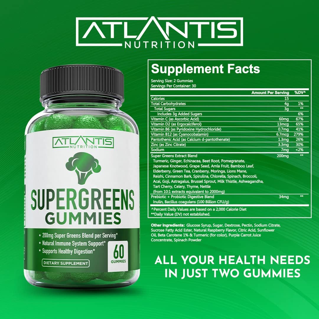 Atlantis Nutrition Supergreens Gummies - Tägliches grünes Superfood-Präparat mit Spinat, Brokkoli, Moringa, Rote Bete, Sellerie, grünem Tee und Acai zur Unterstützung des Immunsystems - Natürlicher Himbeergeschmack, 60 Stück