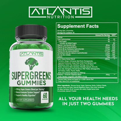 Atlantis Nutrition Supergreens Gummies - Tägliches grünes Superfood-Präparat mit Spinat, Brokkoli, Moringa, Rote Bete, Sellerie, grünem Tee und Acai zur Unterstützung des Immunsystems - Natürlicher Himbeergeschmack, 60 Stück