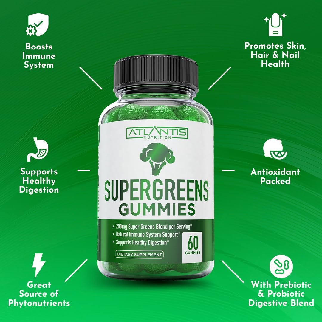 Atlantis Nutrition Supergreens Gummies - Tägliches grünes Superfood-Präparat mit Spinat, Brokkoli, Moringa, Rote Bete, Sellerie, grünem Tee und Acai zur Unterstützung des Immunsystems - Natürlicher Himbeergeschmack, 60 Stück
