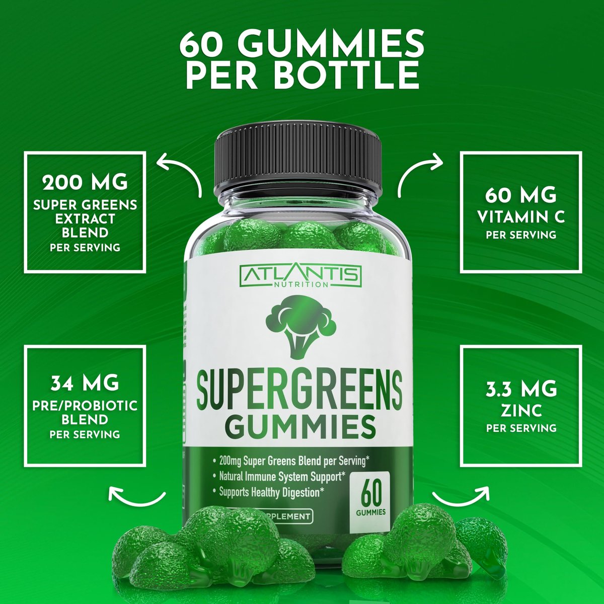 Atlantis Nutrition Supergreens Gummies - Tägliches grünes Superfood-Präparat mit Spinat, Brokkoli, Moringa, Rote Bete, Sellerie, grünem Tee und Acai zur Unterstützung des Immunsystems - Natürlicher Himbeergeschmack, 60 Stück