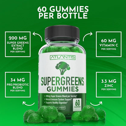 Atlantis Nutrition Supergreens Gummies - Tägliches grünes Superfood-Präparat mit Spinat, Brokkoli, Moringa, Rote Bete, Sellerie, grünem Tee und Acai zur Unterstützung des Immunsystems - Natürlicher Himbeergeschmack, 60 Stück