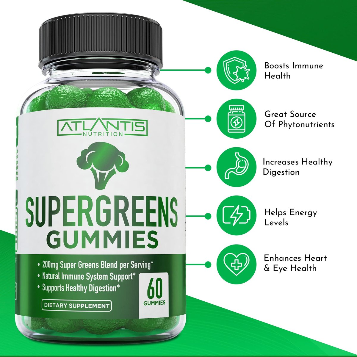 Atlantis Nutrition Supergreens Gummies - Tägliches grünes Superfood-Präparat mit Spinat, Brokkoli, Moringa, Rote Bete, Sellerie, grünem Tee und Acai zur Unterstützung des Immunsystems - Natürlicher Himbeergeschmack, 60 Stück