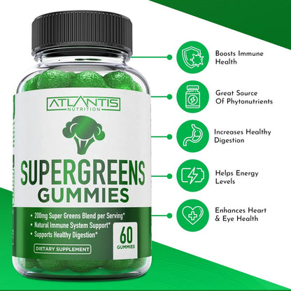Atlantis Nutrition Supergreens Gummies - Tägliches grünes Superfood-Präparat mit Spinat, Brokkoli, Moringa, Rote Bete, Sellerie, grünem Tee und Acai zur Unterstützung des Immunsystems - Natürlicher Himbeergeschmack, 60 Stück
