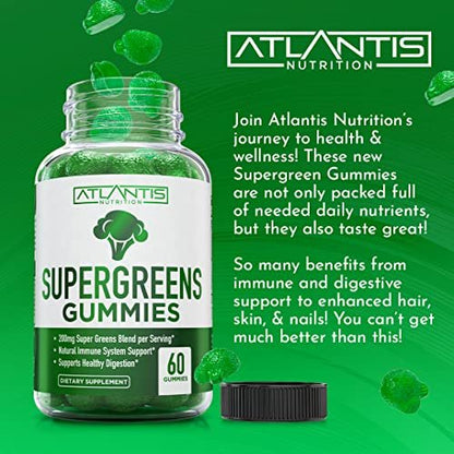 Atlantis Nutrition Supergreens Gummies - Tägliches grünes Superfood-Präparat mit Spinat, Brokkoli, Moringa, Rote Bete, Sellerie, grünem Tee und Acai zur Unterstützung des Immunsystems - Natürlicher Himbeergeschmack, 60 Stück