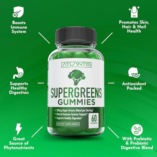 Atlantis Nutrition Supergreens Gummies - Tägliches grünes Superfood-Präparat mit Spinat, Brokkoli, Moringa, Rote Bete, Sellerie, grünem Tee und Acai zur Unterstützung des Immunsystems - Natürlicher Himbeergeschmack, 60 Stück