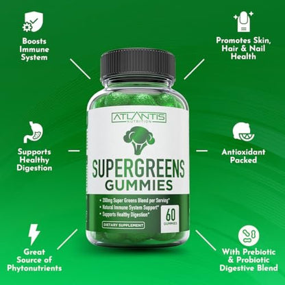 Atlantis Nutrition Supergreens Gummies - Tägliches grünes Superfood-Präparat mit Spinat, Brokkoli, Moringa, Rote Bete, Sellerie, grünem Tee und Acai zur Unterstützung des Immunsystems - Natürlicher Himbeergeschmack, 60 Stück