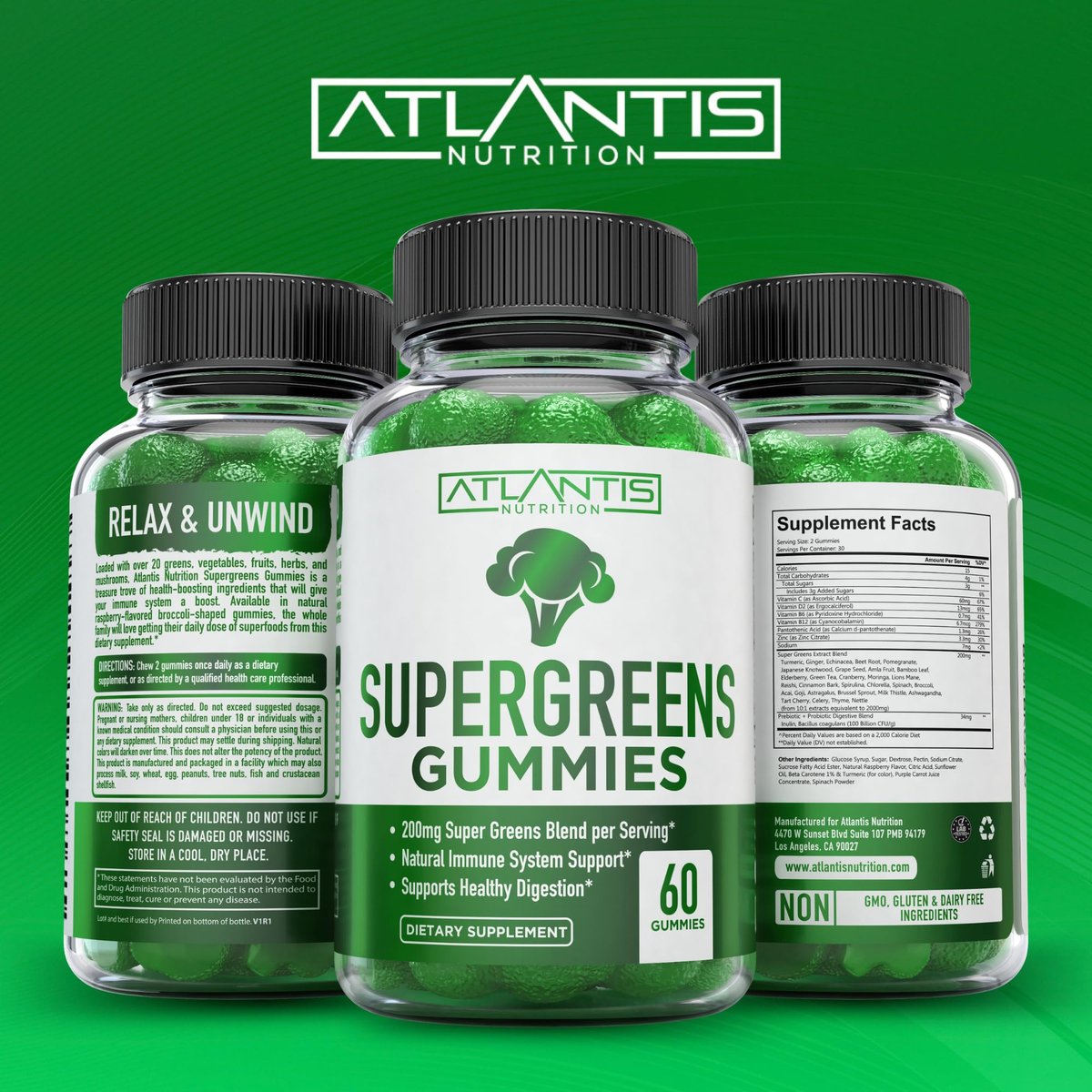 Atlantis Nutrition Supergreens Gummies - Tägliches grünes Superfood-Präparat mit Spinat, Brokkoli, Moringa, Rote Bete, Sellerie, grünem Tee und Acai zur Unterstützung des Immunsystems - Natürlicher Himbeergeschmack, 60 Stück