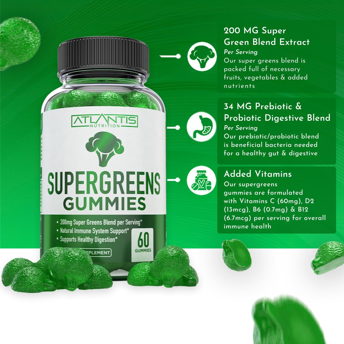 Atlantis Nutrition Supergreens Gummies - Tägliches grünes Superfood-Präparat mit Spinat, Brokkoli, Moringa, Rote Bete, Sellerie, grünem Tee und Acai zur Unterstützung des Immunsystems - Natürlicher Himbeergeschmack, 60 Stück