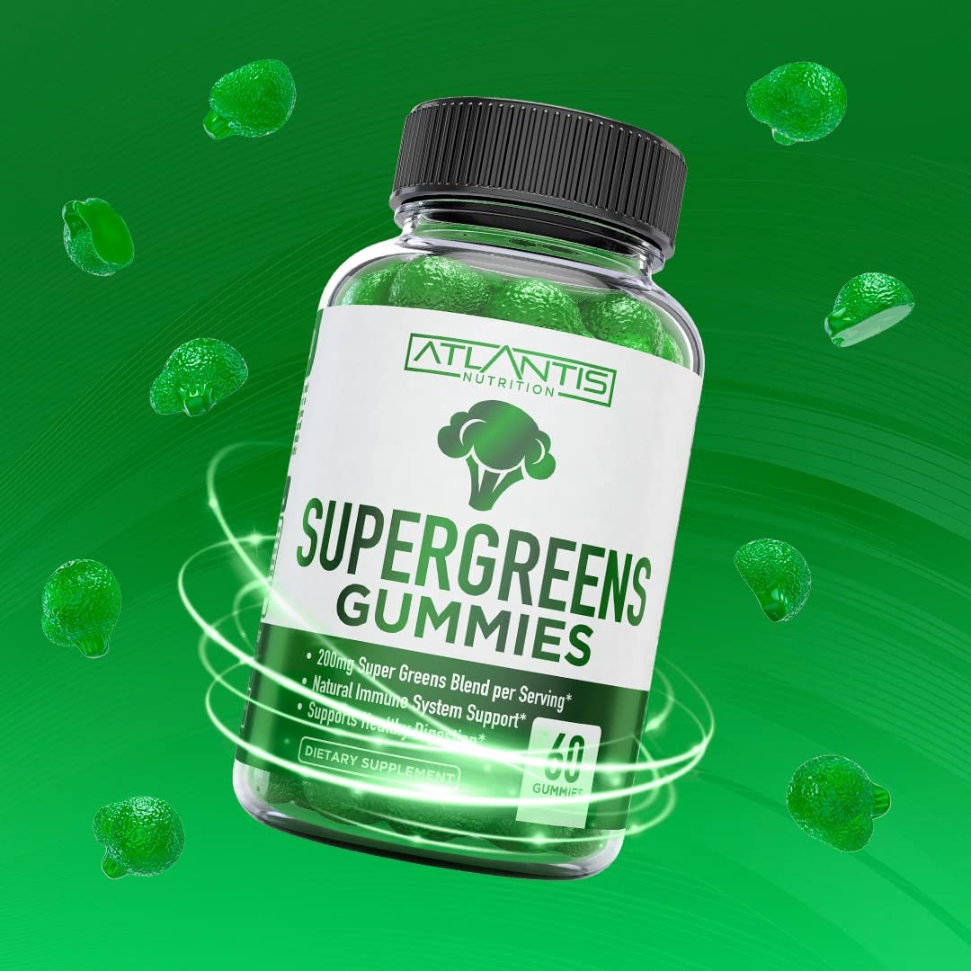 Atlantis Nutrition Supergreens Gummies - Tägliches grünes Superfood-Präparat mit Spinat, Brokkoli, Moringa, Rote Bete, Sellerie, grünem Tee und Acai zur Unterstützung des Immunsystems - Natürlicher Himbeergeschmack, 60 Stück