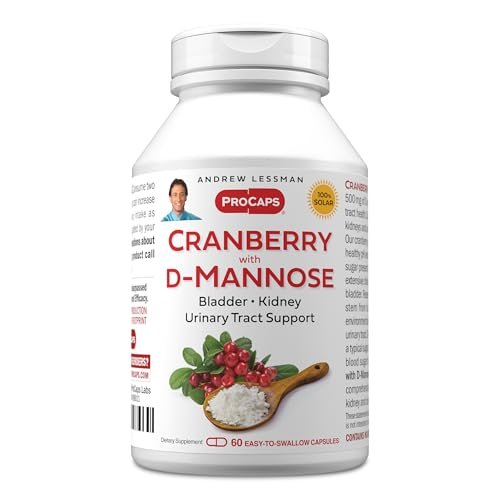 ANDREW LESSMAN Cranberry mit D-Mannose – 60 Kapseln – Unterstützt Blasen-, Nieren- und Harntraktgesundheit – Hochpotenter standardisierter Cranberry-Konzentrat und D-Mannose – Leicht zu schluckende Kapseln