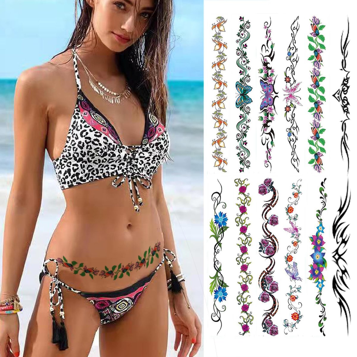 Sexy Flower Bauchnabel Tattoos 12 Blätter Lange Bauch Taille Rücken Wasserfest Temporäre Tattoos Falsche Körperkunst Aufkleber für Frauen