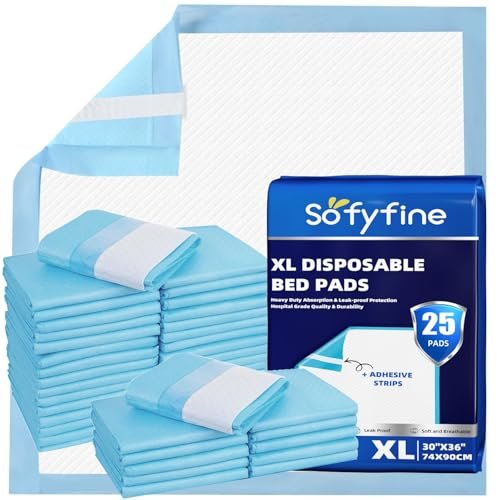 SOFYFINE Bettunterlagen mit Klebestreifen 30x36 Zoll, verstärkte Einweg-Inkontinenzunterlagen für Erwachsene, schwere Saugfähigkeit, wasserdicht, XL Extra Large, 25 Stück