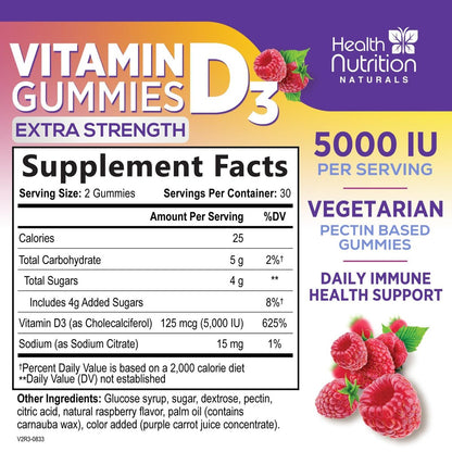 Vitamin D3 Gummis 125 mcg (5000 IE) pro Portion - 3-fache Stärke Immununterstützung & Knochenunterstützung, Vitamin-D-Gummi-Nahrungsergänzungsmittel, Nature's Berry D Vitaminpräparat, Himbeergeschmack - 60 Gummis