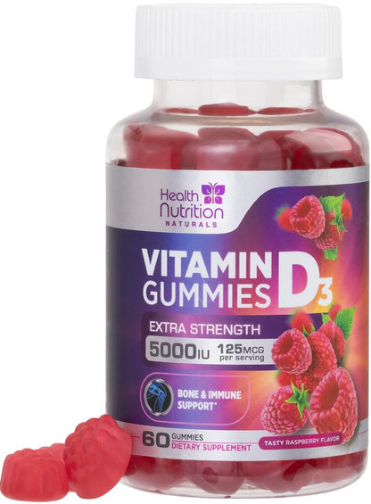 Vitamin D3 Gummis 125 mcg (5000 IE) pro Portion - 3-fache Stärke Immununterstützung & Knochenunterstützung, Vitamin-D-Gummi-Nahrungsergänzungsmittel, Nature's Berry D Vitaminpräparat, Himbeergeschmack - 60 Gummis