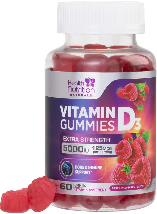 Vitamin D3 Gummis 125 mcg (5000 IE) pro Portion - 3-fache Stärke Immununterstützung & Knochenunterstützung, Vitamin-D-Gummi-Nahrungsergänzungsmittel, Nature's Berry D Vitaminpräparat, Himbeergeschmack - 60 Gummis