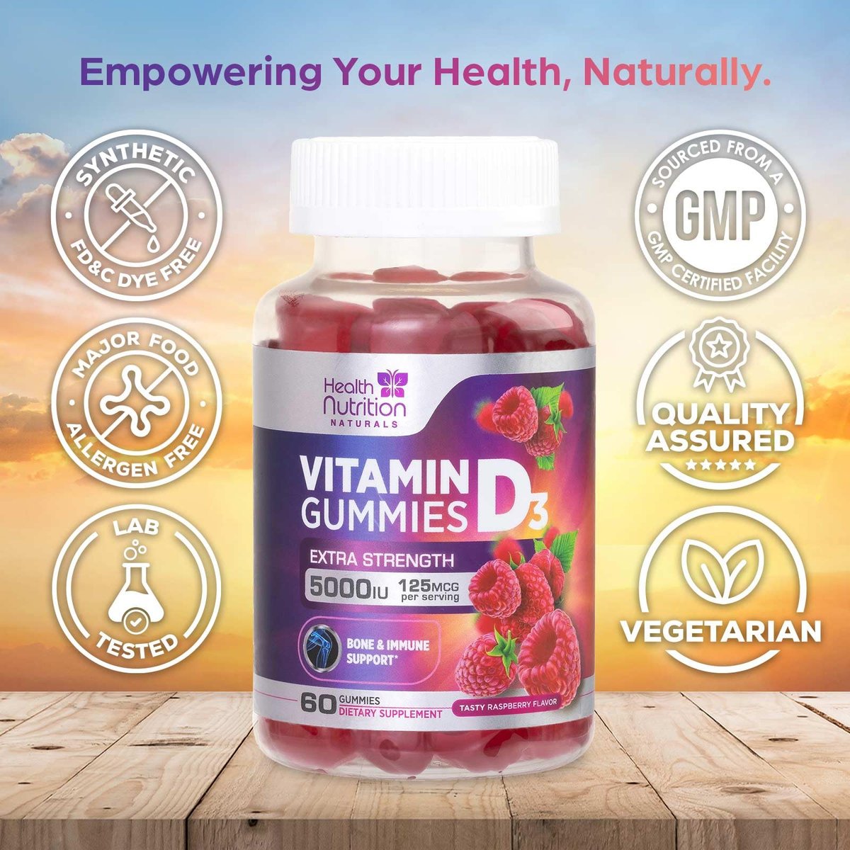 Vitamin D3 Gummis 125 mcg (5000 IE) pro Portion - 3-fache Stärke Immununterstützung & Knochenunterstützung, Vitamin-D-Gummi-Nahrungsergänzungsmittel, Nature's Berry D Vitaminpräparat, Himbeergeschmack - 60 Gummis