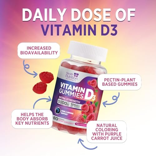 Vitamin D3 Gummis 125 mcg (5000 IE) pro Portion - 3-fache Stärke Immununterstützung & Knochenunterstützung, Vitamin-D-Gummi-Nahrungsergänzungsmittel, Nature's Berry D Vitaminpräparat, Himbeergeschmack - 60 Gummis