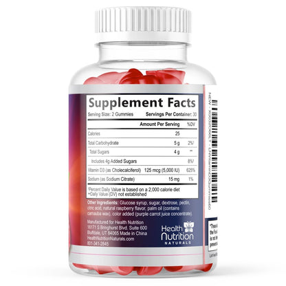 Vitamin D3 Gummis 125 mcg (5000 IE) pro Portion - 3-fache Stärke Immununterstützung & Knochenunterstützung, Vitamin-D-Gummi-Nahrungsergänzungsmittel, Nature's Berry D Vitaminpräparat, Himbeergeschmack - 60 Gummis