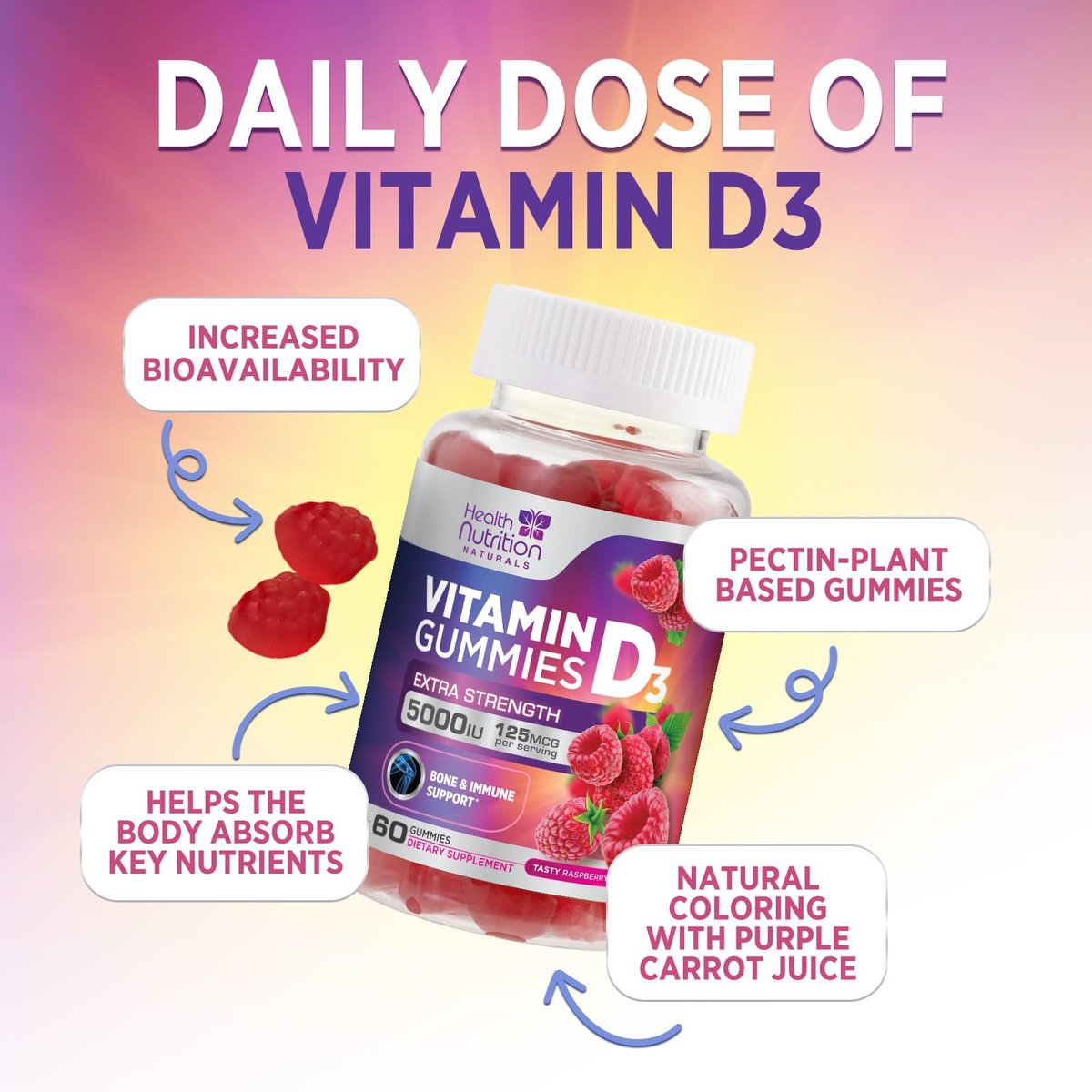 Vitamin D3 Gummis 125 mcg (5000 IE) pro Portion - 3-fache Stärke Immununterstützung & Knochenunterstützung, Vitamin-D-Gummi-Nahrungsergänzungsmittel, Nature's Berry D Vitaminpräparat, Himbeergeschmack - 60 Gummis