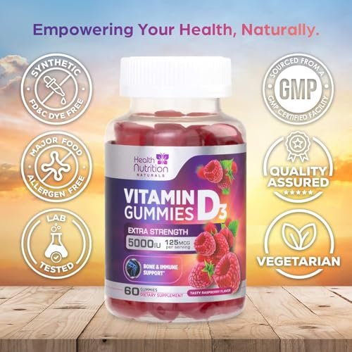 Vitamin D3 Gummis 125 mcg (5000 IE) pro Portion - 3-fache Stärke Immununterstützung & Knochenunterstützung, Vitamin-D-Gummi-Nahrungsergänzungsmittel, Nature's Berry D Vitaminpräparat, Himbeergeschmack - 60 Gummis