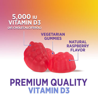 Vitamin D3 Gummis 125 mcg (5000 IE) pro Portion - 3-fache Stärke Immununterstützung & Knochenunterstützung, Vitamin-D-Gummi-Nahrungsergänzungsmittel, Nature's Berry D Vitaminpräparat, Himbeergeschmack - 60 Gummis