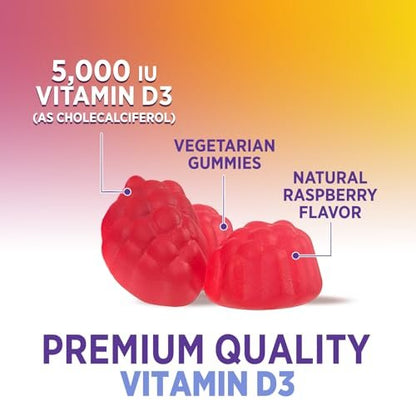 Vitamin D3 Gummis 125 mcg (5000 IE) pro Portion - 3-fache Stärke Immununterstützung & Knochenunterstützung, Vitamin-D-Gummi-Nahrungsergänzungsmittel, Nature's Berry D Vitaminpräparat, Himbeergeschmack - 60 Gummis