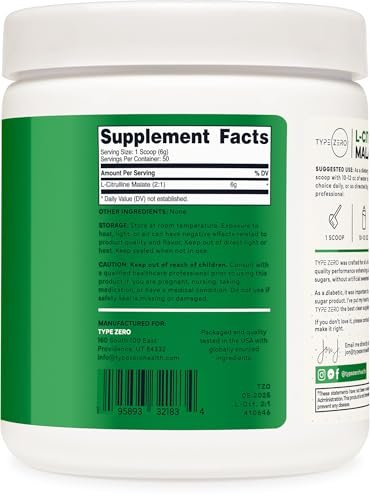 Type Zero L-Citrullin-Malat-Pulver 2:1 6X (300g | 6000 mg pro Portion | ungewürzt) – Ultra-reines L-Citrullin, Stickstoffmonoxid-Booster, Pre-Workout – Vasodilatator-Supplement