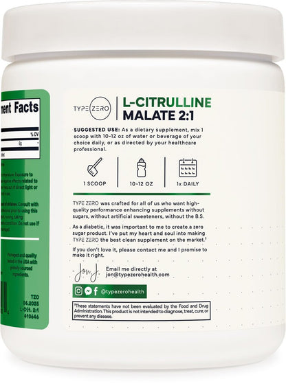 Type Zero L-Citrullin-Malat-Pulver 2:1 6X (300g | 6000 mg pro Portion | ungewürzt) – Ultra-reines L-Citrullin, Stickstoffmonoxid-Booster, Pre-Workout – Vasodilatator-Supplement