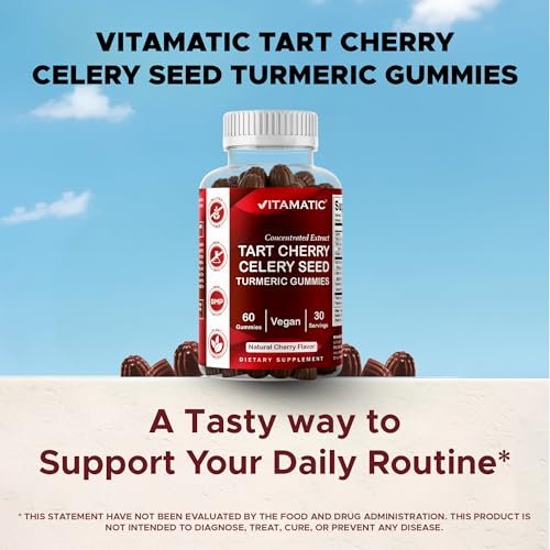 Vitamatic Sauerkirsch (360 mg) mit Selleriesamen (30 mg) 10:1 Extrakt & Kurkuma 20:1 Extrakt (10 mg) - (pro Portion/2 Gummis) - 60 Gummis (2er-Pack)