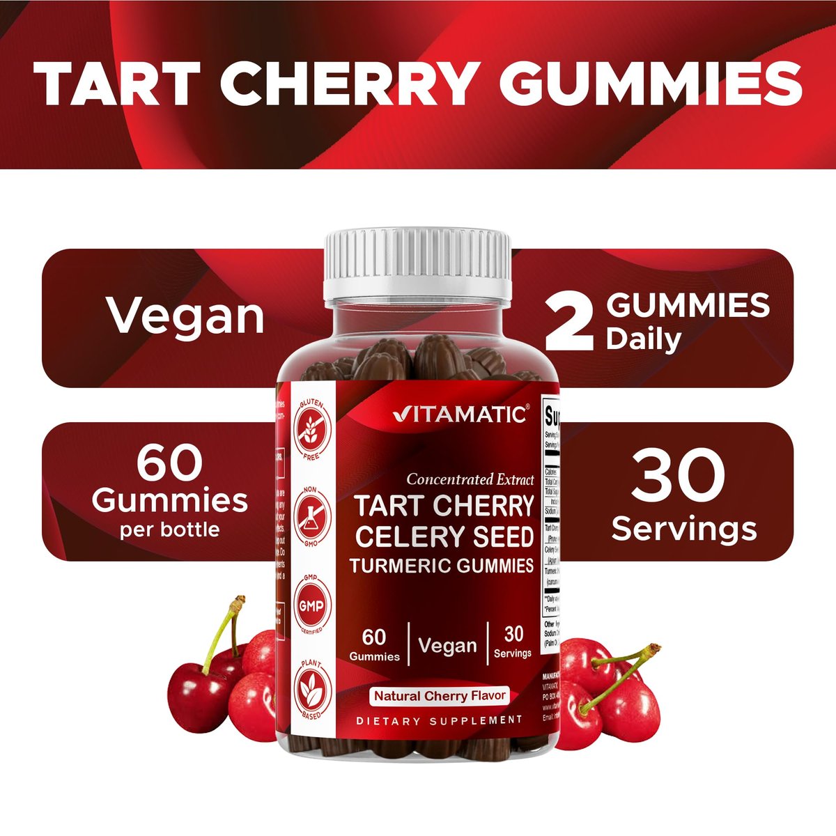 Vitamatic Sauerkirsch (360 mg) mit Selleriesamen (30 mg) 10:1 Extrakt & Kurkuma 20:1 Extrakt (10 mg) - (pro Portion/2 Gummis) - 60 Gummis (2er-Pack)