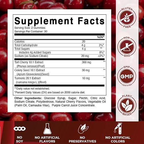 Vitamatic Sauerkirsch (360 mg) mit Selleriesamen (30 mg) 10:1 Extrakt & Kurkuma 20:1 Extrakt (10 mg) - (pro Portion/2 Gummis) - 60 Gummis (2er-Pack)