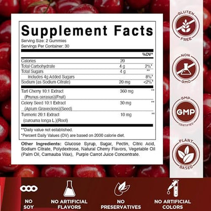 Vitamatic Sauerkirsch (360 mg) mit Selleriesamen (30 mg) 10:1 Extrakt & Kurkuma 20:1 Extrakt (10 mg) - (pro Portion/2 Gummis) - 60 Gummis (2er-Pack)