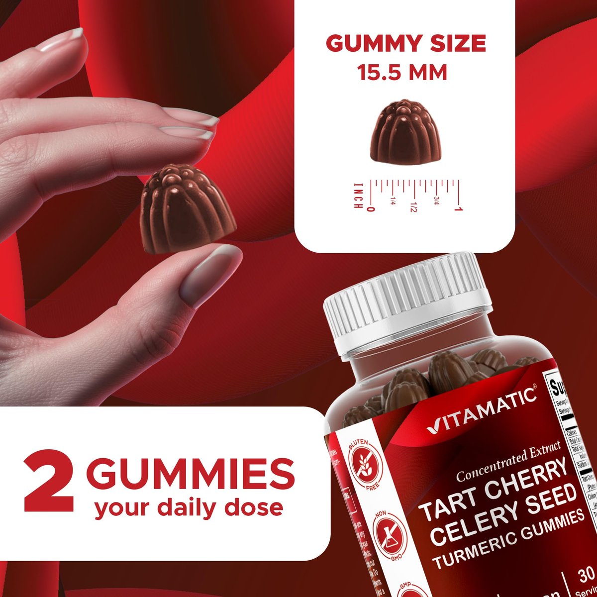 Vitamatic Sauerkirsch (360 mg) mit Selleriesamen (30 mg) 10:1 Extrakt & Kurkuma 20:1 Extrakt (10 mg) - (pro Portion/2 Gummis) - 60 Gummis (2er-Pack)