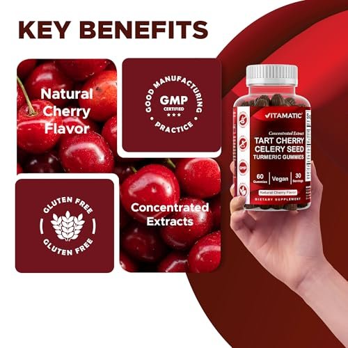 Vitamatic Sauerkirsch (360 mg) mit Selleriesamen (30 mg) 10:1 Extrakt & Kurkuma 20:1 Extrakt (10 mg) - (pro Portion/2 Gummis) - 60 Gummis (2er-Pack)