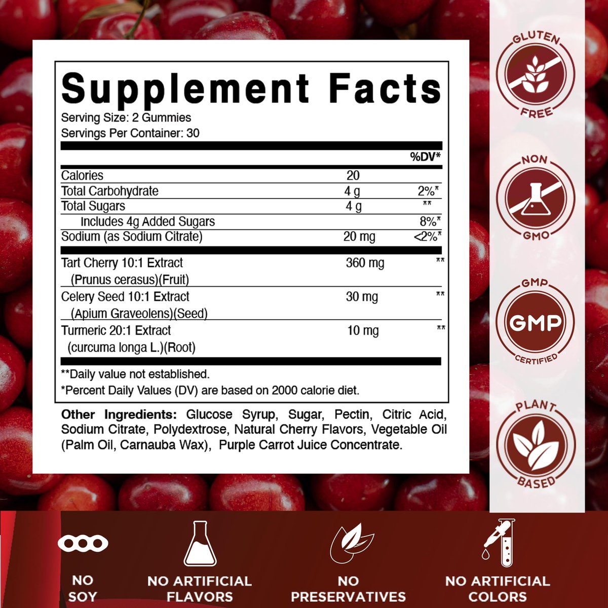 Vitamatic Sauerkirsch (360 mg) mit Selleriesamen (30 mg) 10:1 Extrakt & Kurkuma 20:1 Extrakt (10 mg) - (pro Portion/2 Gummis) - 60 Gummis (2er-Pack)