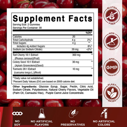 Vitamatic Sauerkirsch (360 mg) mit Selleriesamen (30 mg) 10:1 Extrakt & Kurkuma 20:1 Extrakt (10 mg) - (pro Portion/2 Gummis) - 60 Gummis (2er-Pack)