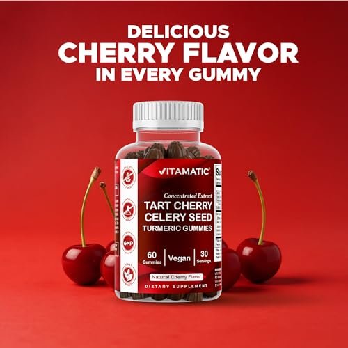Vitamatic Sauerkirsch (360 mg) mit Selleriesamen (30 mg) 10:1 Extrakt & Kurkuma 20:1 Extrakt (10 mg) - (pro Portion/2 Gummis) - 60 Gummis (2er-Pack)