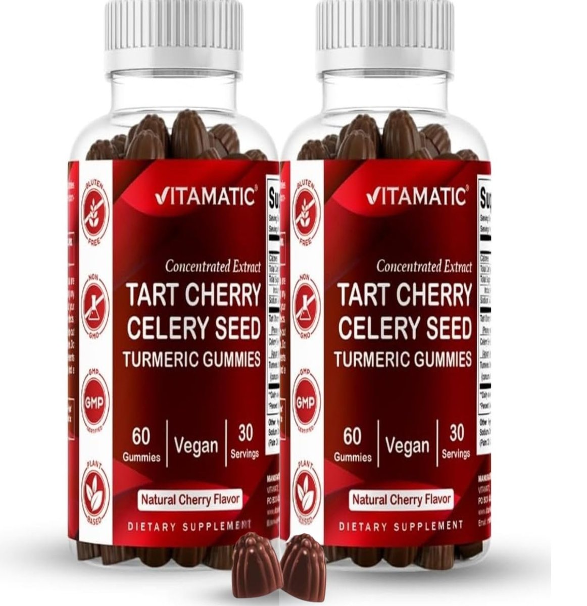Vitamatic Sauerkirsch (360 mg) mit Selleriesamen (30 mg) 10:1 Extrakt & Kurkuma 20:1 Extrakt (10 mg) - (pro Portion/2 Gummis) - 60 Gummis (2er-Pack)