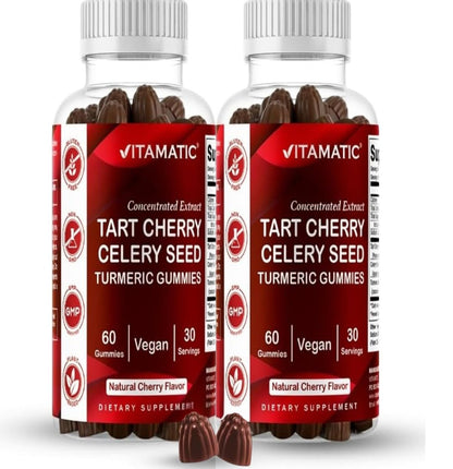 Vitamatic Sauerkirsch (360 mg) mit Selleriesamen (30 mg) 10:1 Extrakt & Kurkuma 20:1 Extrakt (10 mg) - (pro Portion/2 Gummis) - 60 Gummis (2er-Pack)