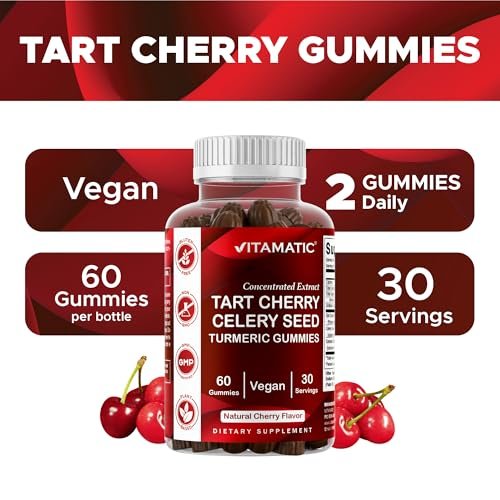 Vitamatic Sauerkirsch (360 mg) mit Selleriesamen (30 mg) 10:1 Extrakt & Kurkuma 20:1 Extrakt (10 mg) - (pro Portion/2 Gummis) - 60 Gummis (2er-Pack)